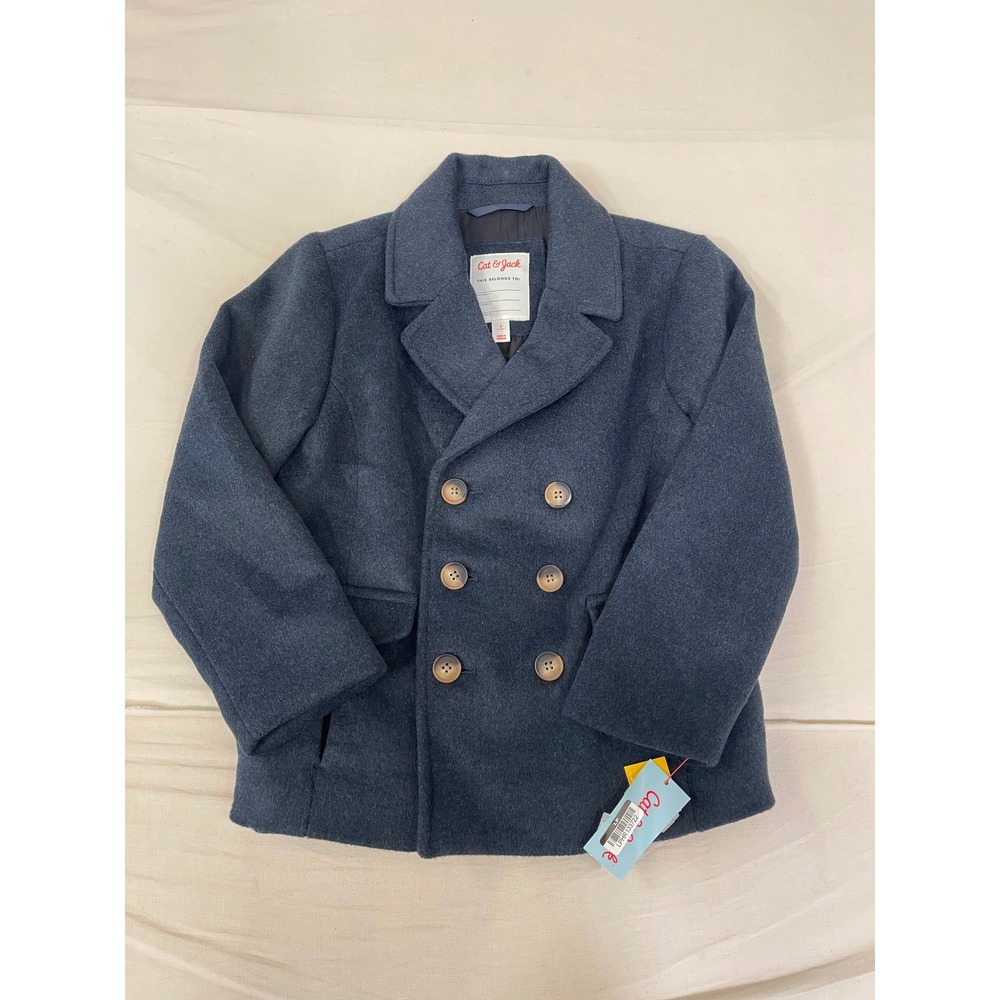 Cat & Jack Boys Navy Blue Double Breasted Pea Coat Jacket Size S 6/7 NWT